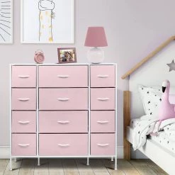 11.75 in. L x 46.5 in. W x 48.7 in. H 12-Drawer Pink Dresser Steel Frame Wood Top Easy Pull Fabric Bins by Sorbus -Sorbus Sales Store pink sorbus kids dressers drw 12d pi 4f 1000