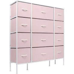 11.75 in. L x 46.5 in. W x 48.7 in. H 12-Drawer Pink Dresser Steel Frame Wood Top Easy Pull Fabric Bins by Sorbus