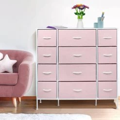 11.75 in. L x 46.5 in. W x 48.7 in. H 12-Drawer Pink Dresser Steel Frame Wood Top Easy Pull Fabric Bins by Sorbus -Sorbus Sales Store pink sorbus kids dressers drw 12d pi fa 1000