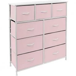 39.5 in. L x 11.5 in. W x 39.5 in. H 9-Drawer Pink Dresser with Steel Frame Wood Top Easy Pull Fabric Bins by Sorbus