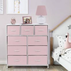 39.5 in. L x 11.5 in. W x 39.5 in. H 9-Drawer Pink Dresser with Steel Frame Wood Top Easy Pull Fabric Bins by Sorbus -Sorbus Sales Store pink sorbus kids dressers drw 9d pi c3 1000
