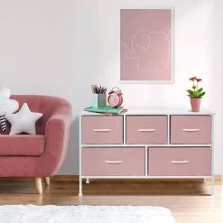 11.87 in. L x 39.5 in. W x 24.62 in. H 5-Drawer Pink Dresser Steel Frame Wood Top Easy Pull Fabric Bins by Sorbus -Sorbus Sales Store pink sorbus kids dressers drw cu5 pi 31 1000