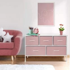 11.87 in. L x 39.5 in. W x 24.62 in. H 5-Drawer Pink Dresser Steel Frame Wood Top Easy Pull Fabric Bins by Sorbus -Sorbus Sales Store pink sorbus kids dressers drw cu5 pi 4f 1000