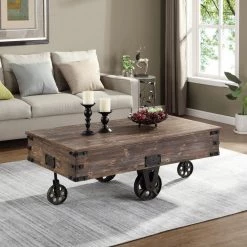 48 in. Rustic Espresso Large Rectangle Wood Coffee Table with Casters by FirsTime & Co.