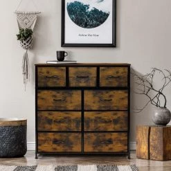 39.5 in. L x 11.5 in. W x 39.5 in. H 9-Drawer Rustic Wood Dresser with Steel Frame Wood Top Easy Pull Fabric Bins by Sorbus -Sorbus Sales Store rustic wood sorbus dressers drw 9d rus 1f 1000