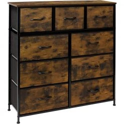 39.5 in. L x 11.5 in. W x 39.5 in. H 9-Drawer Rustic Wood Dresser with Steel Frame Wood Top Easy Pull Fabric Bins by Sorbus