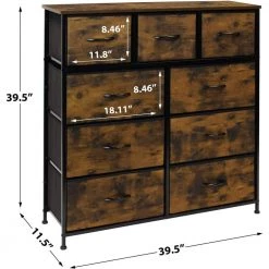 39.5 in. L x 11.5 in. W x 39.5 in. H 9-Drawer Rustic Wood Dresser with Steel Frame Wood Top Easy Pull Fabric Bins by Sorbus -Sorbus Sales Store rustic wood sorbus dressers drw 9d rus 76 1000