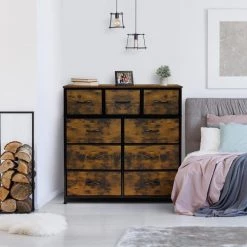 39.5 in. L x 11.5 in. W x 39.5 in. H 9-Drawer Rustic Wood Dresser with Steel Frame Wood Top Easy Pull Fabric Bins by Sorbus -Sorbus Sales Store rustic wood sorbus dressers drw 9d rus c3 1000