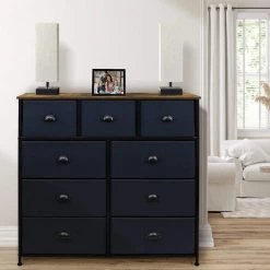 39.5 in. L x 11.5 in. W x 39.5 in. H 9-Drawer Rustic Black Dresser with Steel Frame Wood Top Easy Pull Fabric Bins by Sorbus -Sorbus Sales Store rustic wood sorbus dressers drw 9d wd 1f 1000