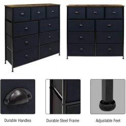 39.5 in. L x 11.5 in. W x 39.5 in. H 9-Drawer Rustic Black Dresser with Steel Frame Wood Top Easy Pull Fabric Bins by Sorbus -Sorbus Sales Store rustic wood sorbus dressers drw 9d wd fa 1000