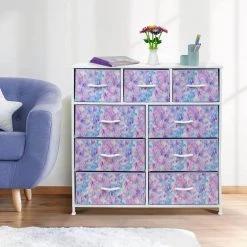 9-Drawer Blue Pink Purple Dresser with Steel Frame Wood Top Easy Pull Fabric Bins 39.5 in. L x 11.5 in. W x 39.5 in. H by Sorbus -Sorbus Sales Store tie dye blue pink purple sorbus kids dressers drw 9d tid3 1f 1000