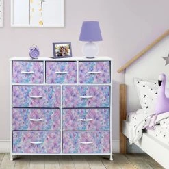 9-Drawer Blue Pink Purple Dresser with Steel Frame Wood Top Easy Pull Fabric Bins 39.5 in. L x 11.5 in. W x 39.5 in. H by Sorbus -Sorbus Sales Store tie dye blue pink purple sorbus kids dressers drw 9d tid3 31 1000