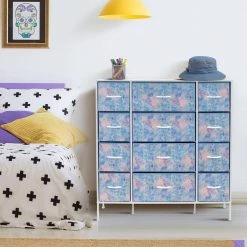 11.75 in. L x 46.5 in. W x 48.7 in. H 12-Drawer Tie Dye Blue Dresser Steel Frame Wood Top Easy Pull Fabric Bins by Sorbus -Sorbus Sales Store tie dye blue sorbus kids dressers drw 12d tid 31 1000