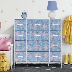 11.75 in. L x 46.5 in. W x 48.7 in. H 12-Drawer Tie Dye Blue Dresser Steel Frame Wood Top Easy Pull Fabric Bins by Sorbus -Sorbus Sales Store tie dye blue sorbus kids dressers drw 12d tid 4f 1000