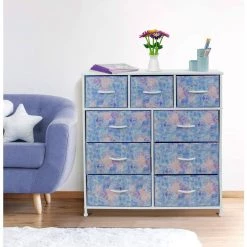 9-Drawer Tie-dye Blue Dresser with Steel Frame Wood Top Easy Pull Fabric Bins 39.5 in. L x 11.5 in. W x 39.5 in. H by Sorbus -Sorbus Sales Store tie dye blue sorbus kids dressers drw 9d tid 1f 1000