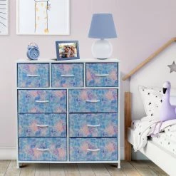 9-Drawer Tie-dye Blue Dresser with Steel Frame Wood Top Easy Pull Fabric Bins 39.5 in. L x 11.5 in. W x 39.5 in. H by Sorbus -Sorbus Sales Store tie dye blue sorbus kids dressers drw 9d tid 31 1000