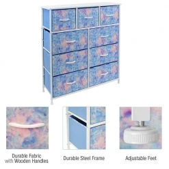 9-Drawer Tie-dye Blue Dresser with Steel Frame Wood Top Easy Pull Fabric Bins 39.5 in. L x 11.5 in. W x 39.5 in. H by Sorbus -Sorbus Sales Store tie dye blue sorbus kids dressers drw 9d tid 77 1000