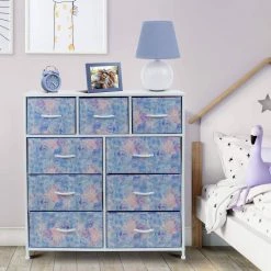 9-Drawer Tie-dye Blue Dresser with Steel Frame Wood Top Easy Pull Fabric Bins 39.5 in. L x 11.5 in. W x 39.5 in. H by Sorbus -Sorbus Sales Store tie dye blue sorbus kids dressers drw 9d tid c3 1000