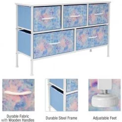 11.87 in. L x 39.5 in. W x 24.62 in. H 5-Drawer Tie dye Blue Dresser Steel Frame Wood Top Easy Pull Fabric Bins by Sorbus -Sorbus Sales Store tie dye blue sorbus kids dressers drw cu5 tid 1f 1000