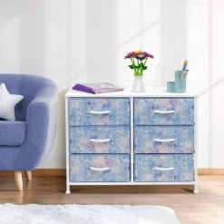 11.75 in. L x 31.5 in. W x 24.62 in. H 6-Drawer Tie dye blue Dresser Steel Frame Wood Top Easy Pull Fabric Bins by Sorbus -Sorbus Sales Store tie dye blue sorbus kids dressers drw cu6 tid 1f 1000