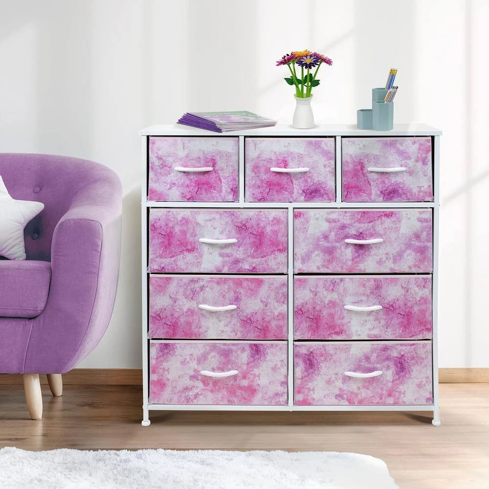 9-Drawer Tie-dye Pink Dresser with Steel Frame Wood Top Easy Pull Fabric Bins 39.5 in. L x 11.5 in. W x 39.5 in. H by Sorbus 8 9-Drawer Tie-dye Pink Dresser with Steel Frame Wood Top Easy Pull Fabric Bins 39.5 in. L x 11.5 in. W x 39.5 in. H by Sorbus - Image 6
