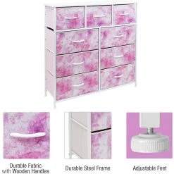 9-Drawer Tie-dye Pink Dresser with Steel Frame Wood Top Easy Pull Fabric Bins 39.5 in. L x 11.5 in. W x 39.5 in. H by Sorbus 18 9-Drawer Tie-dye Pink Dresser with Steel Frame Wood Top Easy Pull Fabric Bins 39.5 in. L x 11.5 in. W x 39.5 in. H by Sorbus -Sorbus Sales Store tie dye pink sorbus kids dressers drw 9d tid2 44 1000