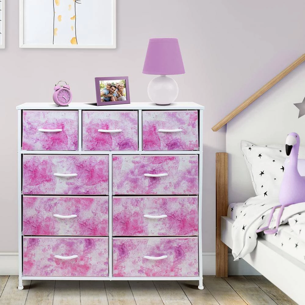 9-Drawer Tie-dye Pink Dresser with Steel Frame Wood Top Easy Pull Fabric Bins 39.5 in. L x 11.5 in. W x 39.5 in. H by Sorbus 6 9-Drawer Tie-dye Pink Dresser with Steel Frame Wood Top Easy Pull Fabric Bins 39.5 in. L x 11.5 in. W x 39.5 in. H by Sorbus - Image 4