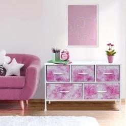 11.87 in. L x 39.5 in. W x 24.62 in. H 5-Drawer Tie dye Pink Dresser Steel Frame Wood Top Easy Pull Fabric Bins by Sorbus -Sorbus Sales Store tie dye pink sorbus kids dressers drw cu5 tid2 31 1000
