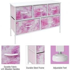 11.87 in. L x 39.5 in. W x 24.62 in. H 5-Drawer Tie dye Pink Dresser Steel Frame Wood Top Easy Pull Fabric Bins by Sorbus -Sorbus Sales Store tie dye pink sorbus kids dressers drw cu5 tid2 4f 1000