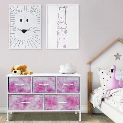 11.87 in. L x 39.5 in. W x 24.62 in. H 5-Drawer Tie dye Pink Dresser Steel Frame Wood Top Easy Pull Fabric Bins by Sorbus -Sorbus Sales Store tie dye pink sorbus kids dressers drw cu5 tid2 c3 1000
