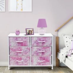 11.75 in. L x 31.5 in. W x 24.62 in. H 6-Drawer Tie dye Pink Dresser Steel Frame Wood Top Easy Pull Fabric Bins by Sorbus -Sorbus Sales Store tie dye pink sorbus kids dressers drw cu6 tid2 31 1000