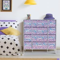 11.75 in. L x 46.5 in. W x 48.7 in. H 12-Drawer Tie Dye Purple Dresser Steel Frame Wood Top Easy Pull Fabric Bins by Sorbus -Sorbus Sales Store tie dye purple sorbus kids dressers drw 12d tid3 44 1000
