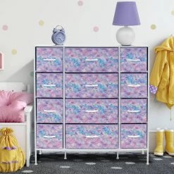 11.75 in. L x 46.5 in. W x 48.7 in. H 12-Drawer Tie Dye Purple Dresser Steel Frame Wood Top Easy Pull Fabric Bins by Sorbus -Sorbus Sales Store tie dye purple sorbus kids dressers drw 12d tid3 4f 1000