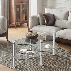 35 in. D* 20 in. W * 18 in. H Oval Tempered glass Coffee Table with Shelves, Transparent by ANGELES HOME -Sorbus Sales Store transparent angeles home coffee tables sa66 9hw281tr 31 1000