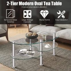 35 in. D* 20 in. W * 18 in. H Oval Tempered glass Coffee Table with Shelves, Transparent by ANGELES HOME -Sorbus Sales Store transparent angeles home coffee tables sa66 9hw281tr c3 1000
