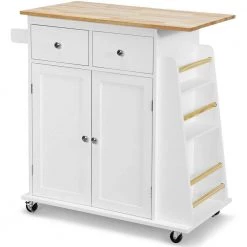 31 1/2 in. W Small Rolling Kitchen Cart Island with Wood Countertop, Kitchen Cart Trolley on Wheels, White by ANGELES HOME