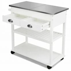 34 1/2 in. Small Rolling Kitchen Cart Island with Stainless Steel Flip-Top, Kitchen Cart Trolley on Wheels, White by ANGELES HOME
