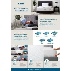 10in. Firm Gel Memory Foam Tight Top Queen Mattress by Lucid Comfort Collection -Sorbus Sales Store white lucid comfort collection mattresses lucc10qq45mf 66 1000