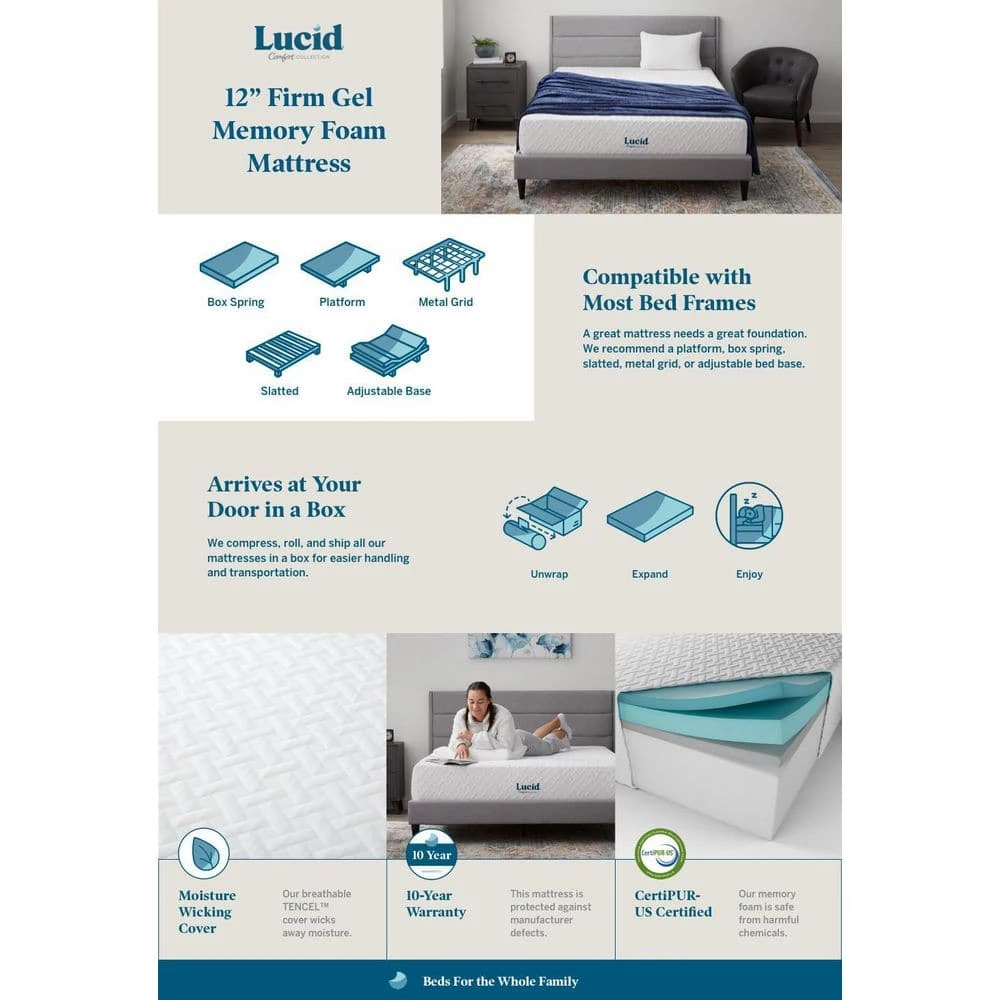 SureCool 12in. Firm Gel Memory Foam Tight Top Queen Mattress by Lucid Comfort Collection 8 SureCool 12in. Firm Gel Memory Foam Tight Top Queen Mattress by Lucid Comfort Collection - Image 6